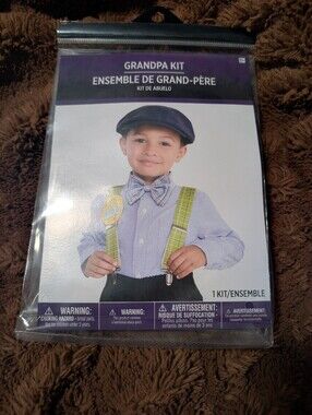 Kids Old Man Grandpa Costume Kit Suspenders Bow Tie Hat 100th Button Halloween
